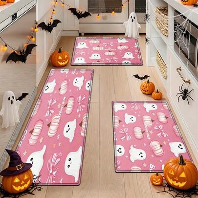 1/2/3 PCS Pink Ghost Pumpkin Star Printed Kitchen Floor Mat, Halloween Seasonal Home Decor Rug, Thickened Flannel Soft Easy To Clean For Kitchen, Dining Room, Living Room, Entryway, Laundry Room, Bedroom, Sink