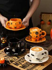 1pc Halloween Ceramic Mug, Pattern Includes Bats, Spiders, Little Ghosts And Pumpkins, Asymmetrical Rim Spooky Coffee Cup, Suitable For Halloween Parties And Gatherings, Cold And Hot Drinks Compatible, Applicable For Office And Bedroom, Great Gift - Multicolor - View 4