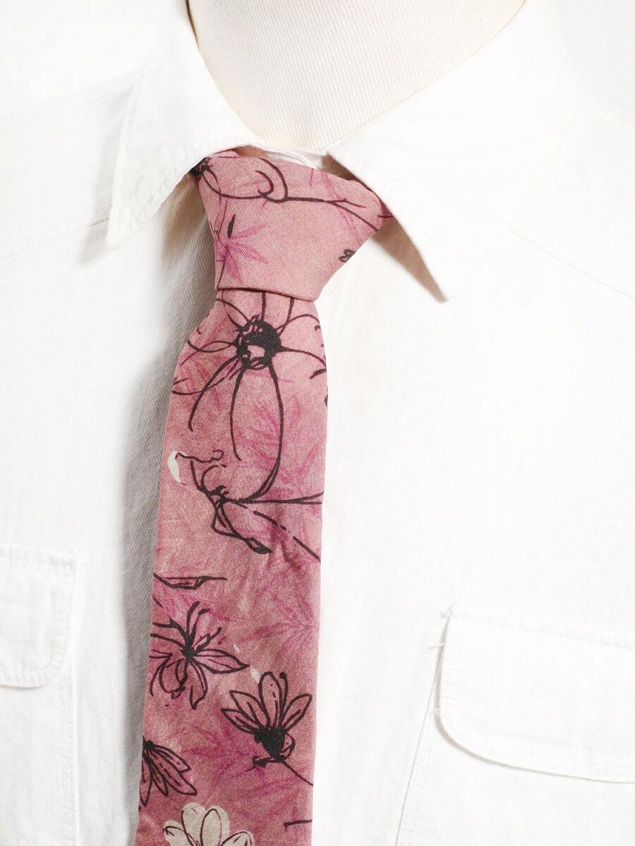 1件蓮花粉色藝術素描花卉枝條印花領帶 - 藕粉色 - 查看 1