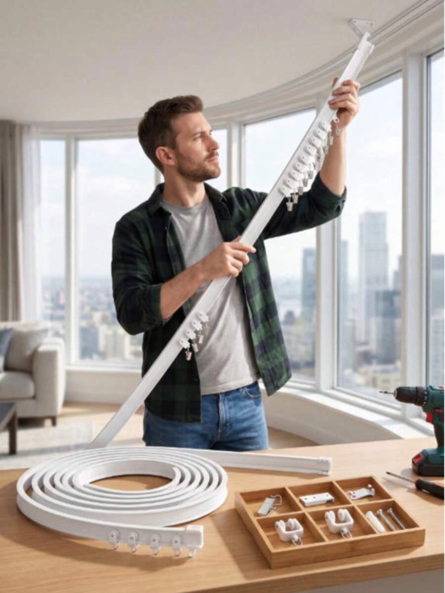 5/3 Meters Flexible Bendable Curtain Track Rail Complete Accessory Kit, Plastic Alloy Curtain Slide Rail With Clips, Brackets And Screws Set, Multi-Purpose Ceiling/Wall Mount Curved Curtain Track Hardware, Suitable For Bedroom Window Home Curtain Installation - Multiple Styles - View 1