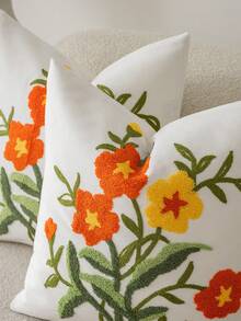 1 pieza Funda de almohada decorativa de estilo moderno y pastoral con bordado de girasol y flores en color púrpura, suave y lavable a máquina, adecuada para sofá, dormitorio, sala de estar y decoración del hogar - Cosmos naranja retro - Ver 3
