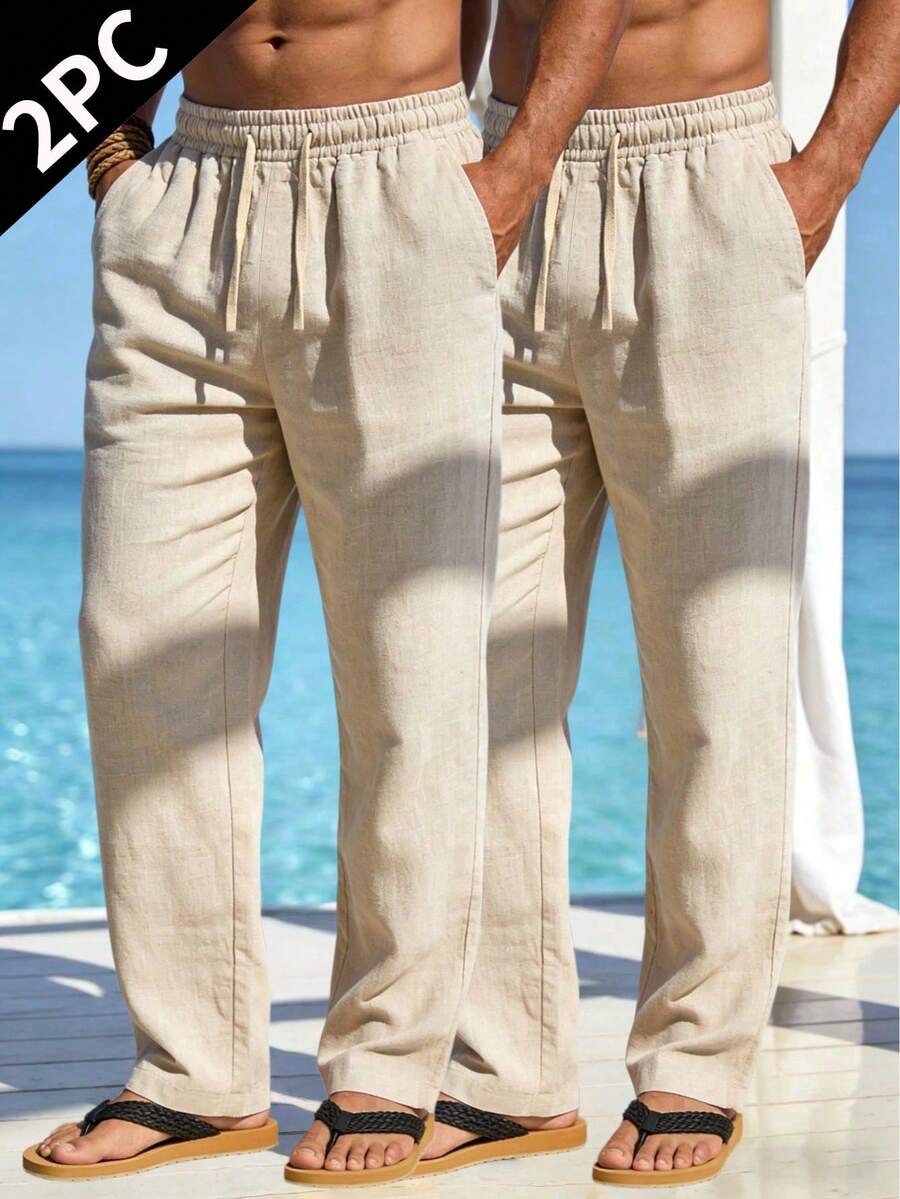 Men's Spring/Summer Lightweight Casual Long Pants, Minimalist Solid Color Pocket Drawstring Pants, Comfortable Loose Linen Long Pants, 2 Pieces