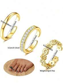 3 piezas Anillos para los dedos de los pies con diseño hueco y tallado, incluye joyería para los pies - Dorado - Ver 3