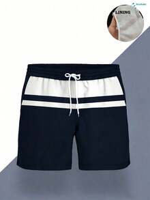 Men's Color-Block Swim Trunks (Red, White, And Navy Stripes; With Built-In Brief Liner) - Blue and White - View 5