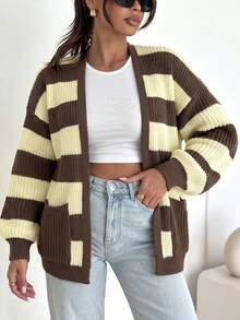 Women's Drop-Shoulder Long Sleeve Knit Sweater With Ribbed Cuffs,Color Contrast Stripes,Open Front,Front Pockets Casual Cardigan,Fall Winter Vacation - Multicolor - View 6