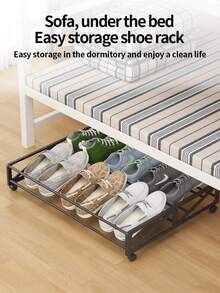 Under Bed Movable Shoe Storage Rack, Smooth Rolling Wheels For Effortless Sliding, Space-Saving Shoe Organizer For Home And Dorm - Black - View 1