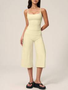 TimeOff Women's One Set Solid Color Adjustable Strap Camisole Tank Top & Wide Leg Mid-Length Pants Sports Set - Yellow - View 6