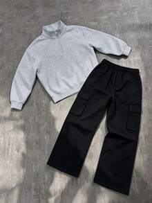 2pcs Minimalist Street Style Boys Outfit, Solid Color Mock Neck Sweatshirt + Black Cargo Pants, Soft Autumn/Winter Streetwear - Grey - View 2