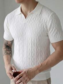 Men's Crew Neck Diamond Pattern Short Sleeve Sweater - White - View 3