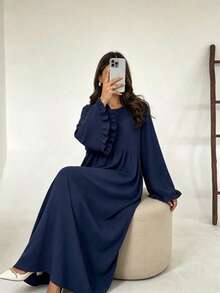 Conservative Abaya Long Dress With Ruffle Cuffs, Pleated Fabric Layered Waist Muslim Long Dress, Casual Islamic Clothing - Multicolor - View 15
