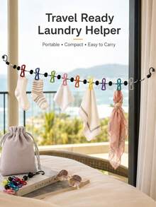 Portable Travel Clothesline With 12 Clips, Retractable Windproof Non-Slip Laundry Rope, Lightweight Drying Line For Socks, Underwear, Towels, Suitable For Camping, Hotel, Bathroom, Dorm, Balcony, Essential Travel Laundry Accessory With Storage Bag - Multicolor - View 8