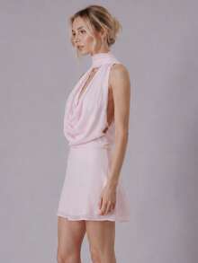 Women Halter Neck Mini Dress Solid Color Scarf Backless Sleeveless Dress - Pink - View 6
