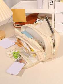 1pc Large Multi-Compartment Pencil Case, Waterproof Portable Stationery Storage Bag, Cute Organizer Pouch, Suitable For School, B, First Day Of School - Multicolor - View 2