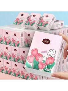 6/12/24/36/60/120pcs (6pcs=1pack) Tulip Pocket Tissues: Ultra Soft, Plant Fashion Design With Blooming Pink Tulips And Playful Rabbits, Carry A Touch Of Spring In Your Pocket - Wet Strength, 6 Packs 3-Ply Mini Size, Perfect For Elegant On-The-Go - Multicolor - View 1