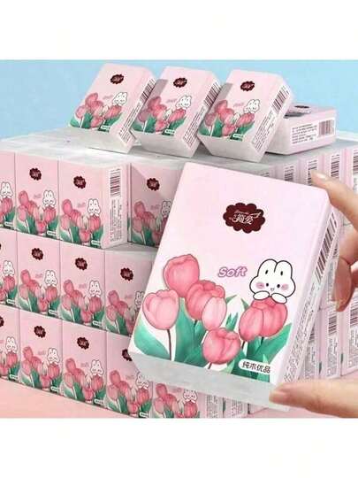 6/12/24/36/60/120pcs Tulip Pocket Tissues: Ultra Soft, Botanical Fashion Design With Blooming Pink Tulips And Playful Rabbits, A Touch Of Spring In Your Pocket - Wet Strength, 6 Packs 3-Ply Mini Size, Elegant For Carrying