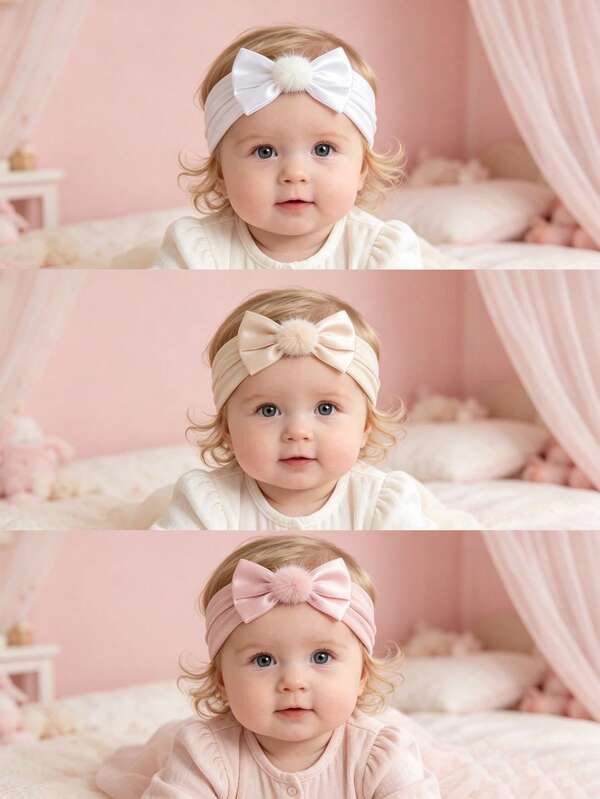 3pcs/Set Baby Girl Nylon Elastic Hairbands With Pom Pom And Bow, Sweet And Cute, Perfect Gift For Girls, Wedding Occasion