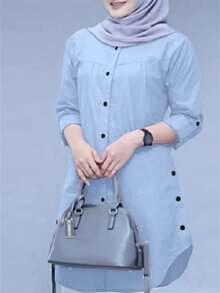 Women's Solid Color Cuffed Sleeve Single-Breasted Casual Shirt, 2026 New Arrival Spring Fall - Blue - View 3
