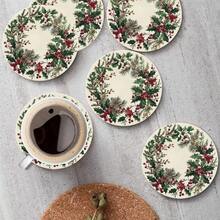(Tree Toppers) 6pcs Holiday Coasters Set, Christmas Tree & Berry Design, Heat-Resistant Coffee & Hot Drink Mats, Suitable For Holiday Decor And Housewarming Gifts - Multicolor - View 2