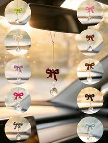 1pc Multi Color Bowknot Crystal Rearview Mirror Hanging Charm, Aesthetic Resin Bow Teardrop Crystal Car Pendant, Women Fashion Car Interior Decor Ornament, Multiple Color Options Auto Accessories Gift - A - View 9