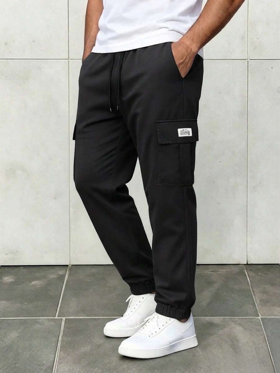 Men's Black Cargo Jogger Pants, Casual Outdoor Sports Drawstring Elastic Waist Practical Long Pants - Black - View 1