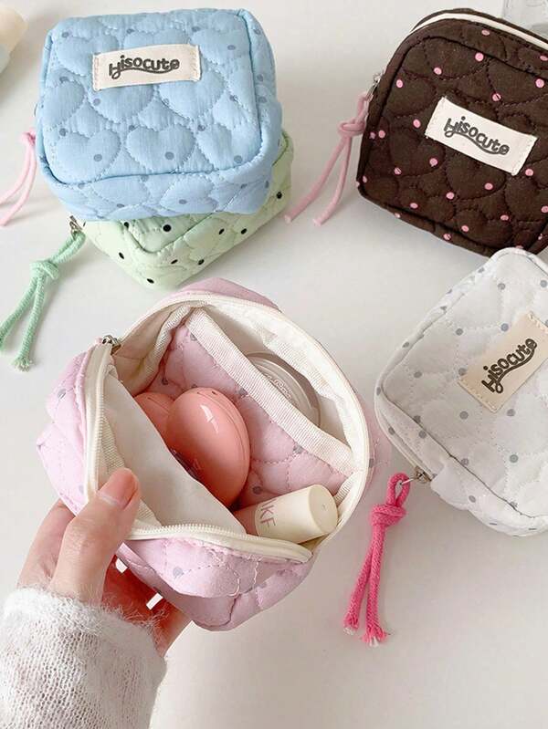 Trousse de maquillage matelassée en forme de cœur, sac de maquillage à poches multiples, sac de rangement carré à imprimé pois avec fermeture éclair, organisateur en tissu doux multi-usage pour voyage