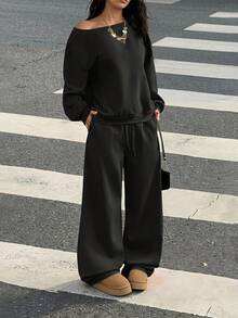 GLOpass Casual Solid Color Off-Shoulder Loose Sweatshirt And Pants Two Pieces Set For Women, Versatile For Daily Wear, Autumn/Winter Black Spring Elegant - Black - View 1