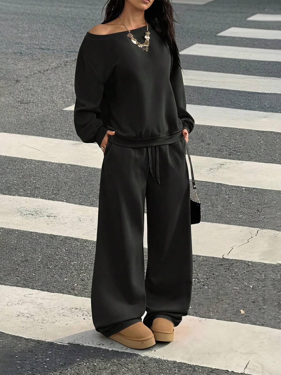 GLOpass Casual Solid Color Off-Shoulder Loose Sweatshirt And Pants Two Pieces Set For Women, Versatile For Daily Wear, Autumn/Winter Black Spring Elegant - Black - View 1