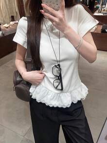 Women's Lace Patchwork Embroidered Trim Round Neck Short Sleeve T-Shirt, Summer Versatile Slimming Top - White - View 6
