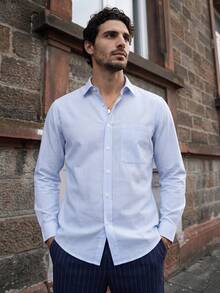 glestore Men's Vintage Casual Commute Minimalist Striped Long Sleeve Shirt, Suitable For All Seasons, Versatile Style - Blue and White - View 4