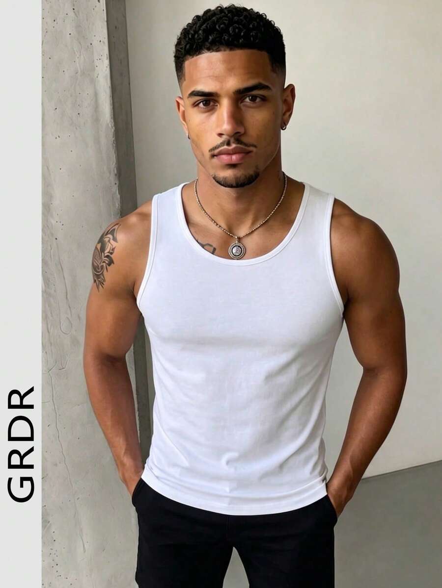 GRDR Men's Summer Sleeveless Solid Color Slim Fit Tank Top, Versatile For Sports & Casual Wear