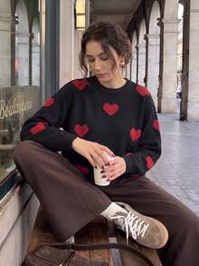 Knit Mix 優雅女款秋冬時尚法式簡約日常居家休閒寬鬆針織紅色愛心圖案圓領長袖套頭毛衣上衣 - 黑色 - 查看 9