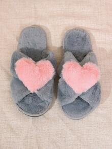 Ins Soft Style Cross Strap Heart Slippers Sweet Indoor Warm Fuzzy Slides - Grey - View 7