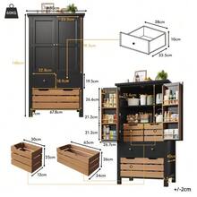 Kitchen Cabinet (80 X 40 X 140 Cm), Tall Sideboard, Multifunctional Sideboard, Storage Unit With Two Doors And Five Drawers, Black And White - 黑色 - 查看 5
