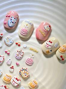 5D Relief Cute Cake Nail Art Stickers, 2 Sheets Embossed Sweet Cherry Heart Dessert Self-Adhesive Nail Decals, 3D Textured DIY Manicure Decoration For Women Girls - Multicolor - View 9
