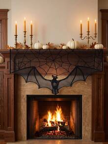 Black Lace Halloween Gothic Bat Curtain, Halloween Lace Trim Short Curtain Valance, Suitable For Kitchen Windows, Black Horror Decoration; Spider Web Witch Skeleton Door Curtain Decoration, Create Scary Atmosphere Halloween Holiday Party Home Decor - M - View 2