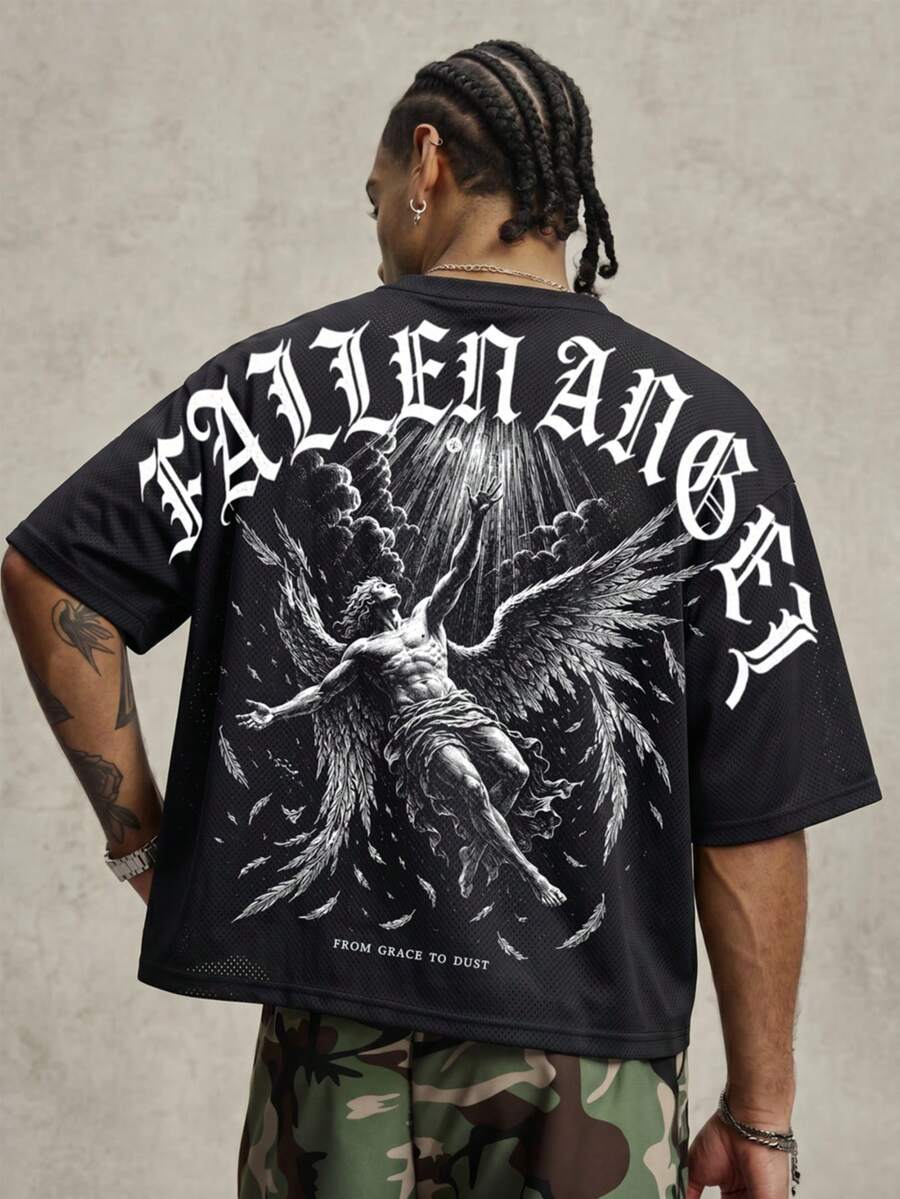 Men's T-Shirt Brand Creative Design Dark Gothic Style Angel Vintage Portrait Print - Black - View 1