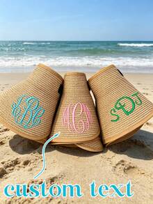 Customized Beach Hat, Personalized Sun Hat, Customized Embroidered Straw Beach Hat With Bow Tie, Wide Brim Packable Sun Hat For Women, Vacation Core - Multicolor - View 1