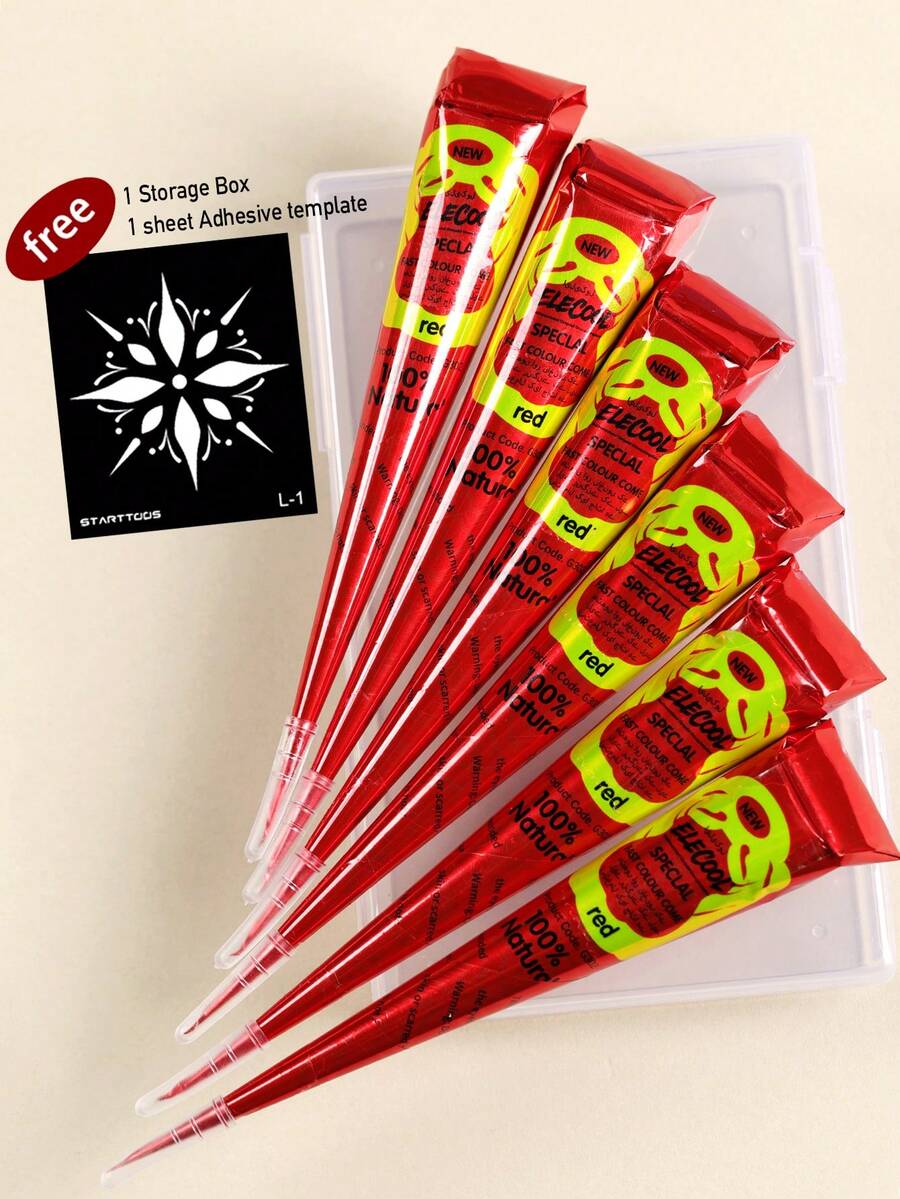 6pcs Red Henna Nail Art Tattoo Cream With Storage Box, Semi-Permanent ...