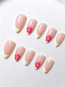 10 pièces d'ongles faux amande à coller, style français jaune simple et mignon d'été, avec petites fleurs écloses peintes à la main, élégants et légers luxe, pour femmes et filles, pour le quotidien, l'école et les fêtes - Jaune citron - Voir 2