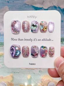 10片裝手工短方型貓眼壓克力穿戴甲套組，Y2K仙系夢幻紫色亮片亮面全包假指甲，鑲鑽珍珠蝴蝶款，適合女性日常、派對、度假 - 淺粉色 - 查看 2