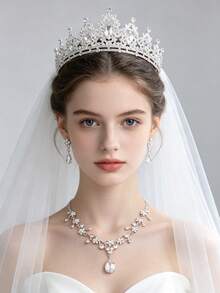 銀色葉片水滴水晶皇冠項鍊耳環珠寶套組 新娘婚禮單身派對髮飾 - 銀色 - 查看 2