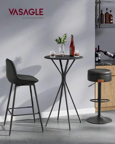 VASAGLE Mesa de bar redonda alta para cócteles, ideal para fiestas, cocinas, comedores y bares domésticos. Medidas: 23,6 x 23,6 x 41,3 pulgadas. Estructura metálica resistente, estilo moderno y fácil montaje.
