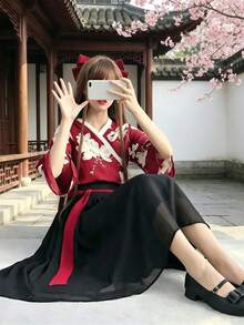1PC Oriental Element Modified Girl Floral Yao Daily Ancient Style Outfit Set, Suitable For Festival Party Performance Wear, COSPLAY Role Play Costume Accessories, Includes Top + Skirt - Red and Black - View 3