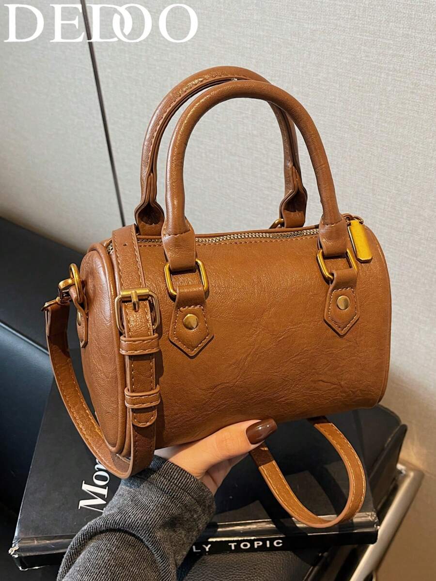 Dedoo New Solid Color Geometric Print PU Leather Vintage Fashion Versatile Women's Handbag/Shoulder Bag - Brown - View 1