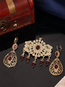 1 Set Arabic Style Women's Brooch & Earrings Jewelry Set With Rhinestones And Water Drop Pendant, Bridal Wedding Wear Jewelry Set - Multicolor - View 8