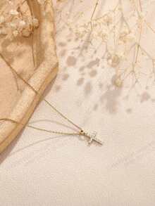 1pc Regular Chain Cross Pendant Necklace, Fashionable Gold Pendant Collarbone Chain - Golden Cross - View 1