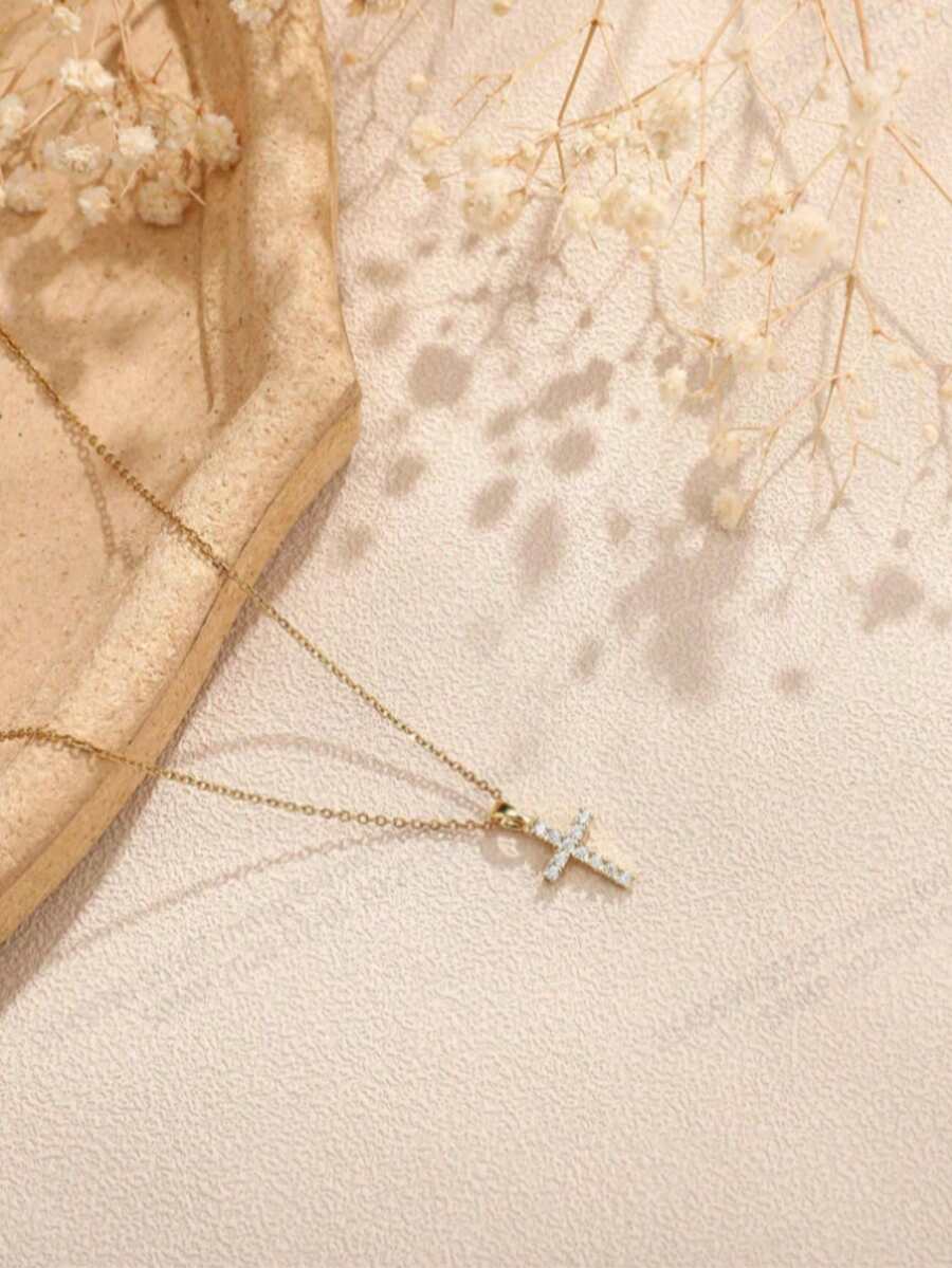 1pc Regular Chain Cross Pendant Necklace, Fashionable Gold Pendant Collarbone Chain - Golden Cross - View 1