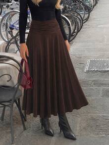 Women's Solid Color Pleated Casual Versatile Daily Wear Skirt - Brown - View 3