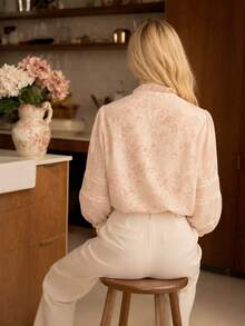 Women's Elegant Ruffle Collar Floral Print Blouse, 3/4 Sleeve, Pink, Vacation Style, Embroidered Trim Collar - Pink - View 5