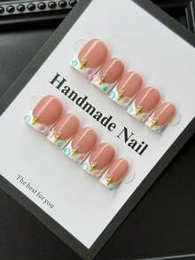 10pcs/Set Primavera/Verano Puntas de Uñas Rectangulares Prensadas Hechas a Mano, Estilo Y2K, Manicura Francesa, Degradado de Azul a Verde con Diseño de Línea de Ondas de Agua Negra, Uñas Acrílicas Falsas de Alta Calidad Perfectas para el Uso Diario de las Mujeres y Ocasiones Festivas - Multicolor - Ver 4